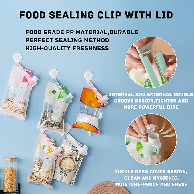 4pcs Bag Spout Clip +4pcs Adhesive Hooks | Food Clip Set - Image 7