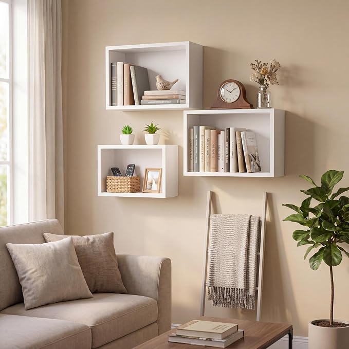 Novabright 3 Set Floating Cube Shelves Wall Mounted Wood Decor, Hanging Storage - Image 3