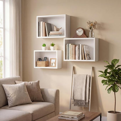 Novabright 3 Set Floating Cube Shelves Wall Mounted Wood Decor, Hanging Storage - Image 3