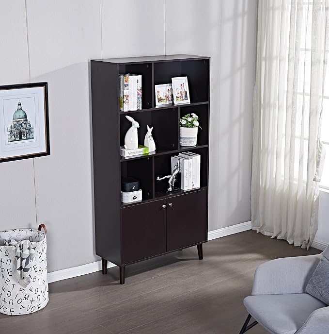 67 in Bookcase with Doors, 3-Tier Bookshelf Farmhouse Bookcases Wooden Deep - Image 4