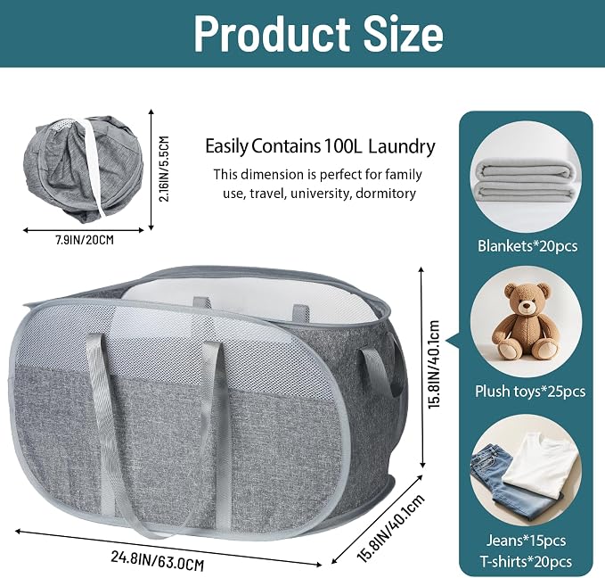 100L Collapsible Laundry Baskets, Tear Proof Pop Up Laundry Hamper - Image 4