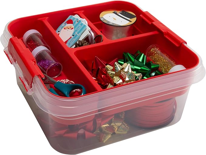 Simplify 5 Compartment Gift Supply Storage Box 2 Tier Box | Red Clear Top Lid | - Image 5