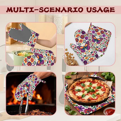 Butterfly Flowers Heat-Resistant Silicone Oven Mitts and Pot Holder 4 Piece Set - Image 6