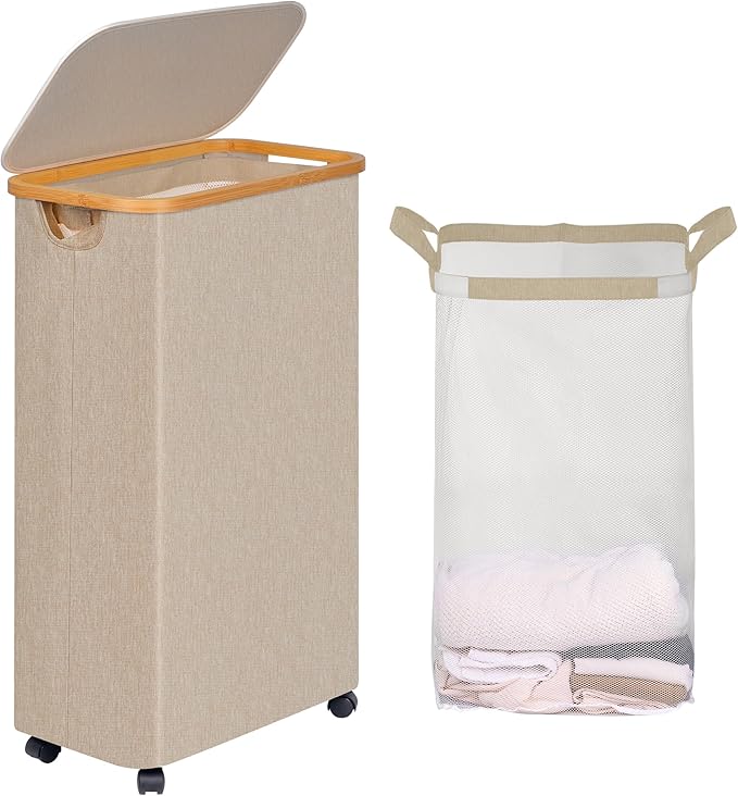 efluky Laundry Basket with Wheels, Tall Rolling Laundry Hamper with Lid and by efluky