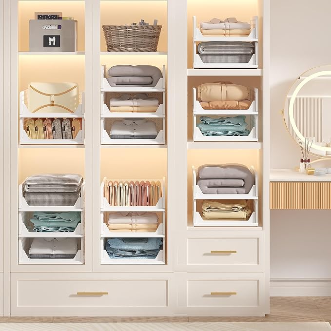 VECELO 4 Pack Plastic Closet Shelf Organizer, Stackable Sweater Storage Closet - Image 5