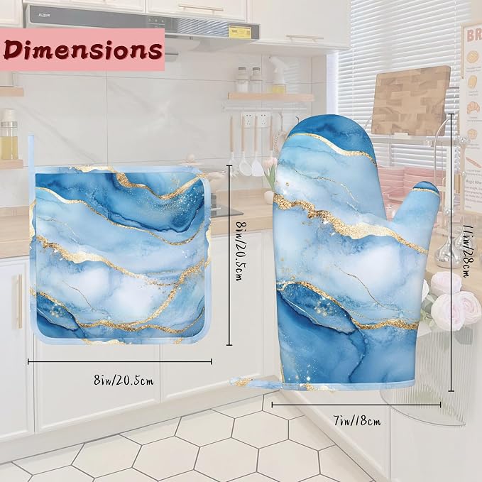 Blue Gold Marble Heat-Resistant Silicone Oven Mitts and Pot Holder 4 Piece Set - Image 2