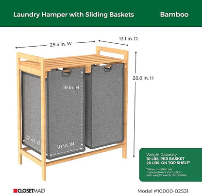ClosetMaid Bamboo Laundry Hamper and Shelf, 2 Sliding Bag Sections, Laundry - Image 4