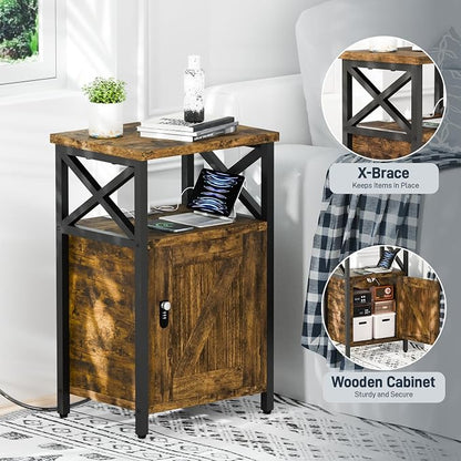 runjuly Wooden Nightstand with Lock Cabinet and Charging Station, Lockable - Image 6