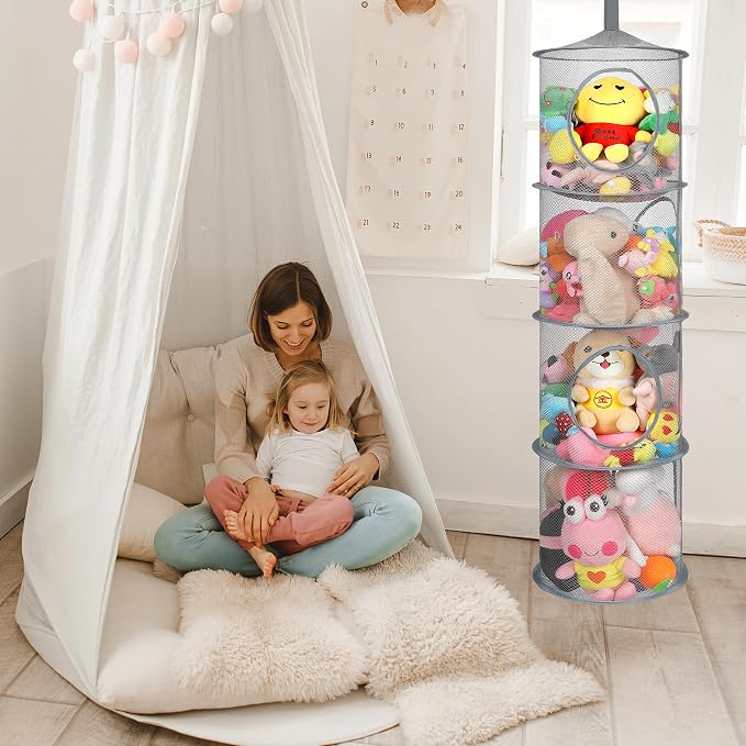 2Pcs Hanging Stuffed Animal Storage Hammock Net 4 Tiers, Holds Plushies - Image 2