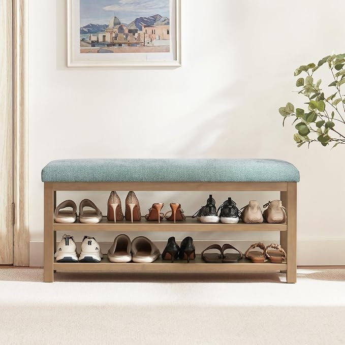 Zihanhome Shoe Rack Bench with Cushion, 2 Tier Solid Wood Storage Bench by Zihanhome