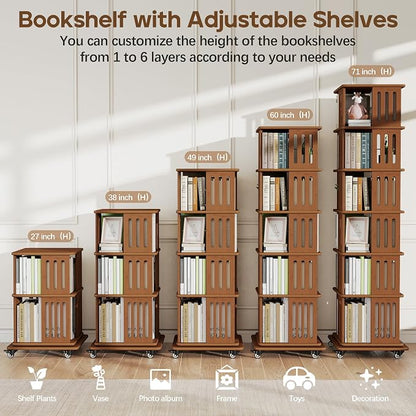 Baoz 71" Tall Rotating Bookshelf Tower, 6 Tier Spinning Bookcase, Walnut | 360° - Image 5