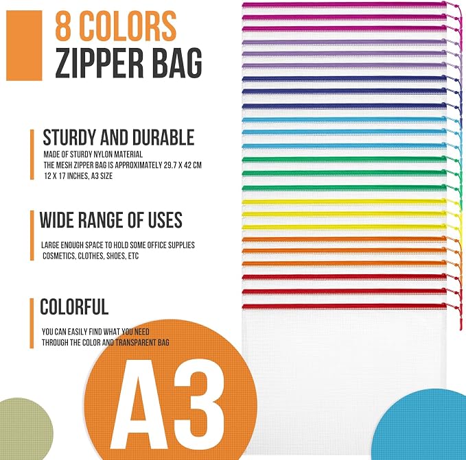 24pcs Mesh Zipper Pouch File Bags Puzzle Storage Bags, A3 17x12 Inches Large - Image 7