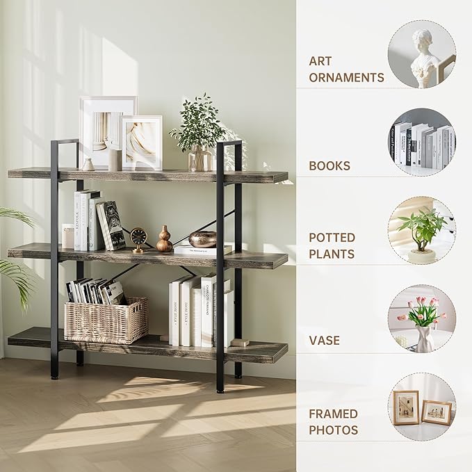 Heavy Duty 3-Tier Industrial Bookcase, 120lbs Shelf Capacity, Rustic Shelving - Image 3
