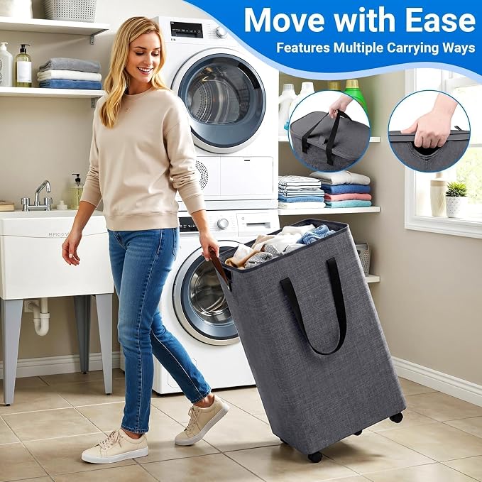 Laundry Basket with 5 Wheels, Tall Dirty Laundry Hamper, Rolling Laundry Basket - Image 4