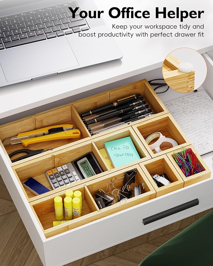 Desk Drawer Organizer Tray Set of 6 – Bamboo Office Storage Boxes - Image 5
