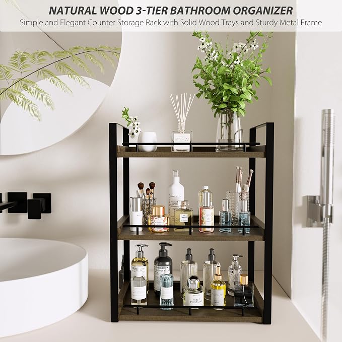 Bathroom Counter Organizer, 3 Tier Wood Countertop Shelf - Image 2