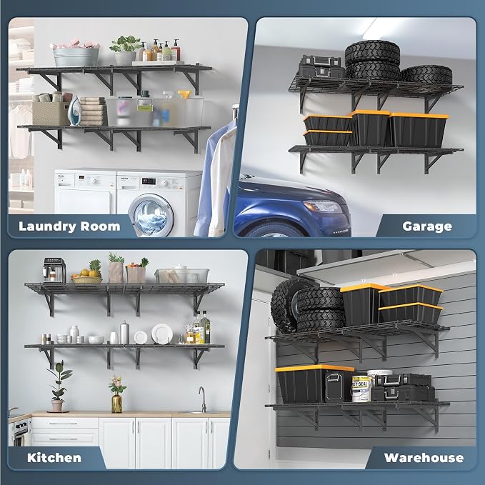 4 Pack Heavy Duty Garage Wall Shelving Set, Wall Mounted Garage Shelves 1000lbs - Image 7