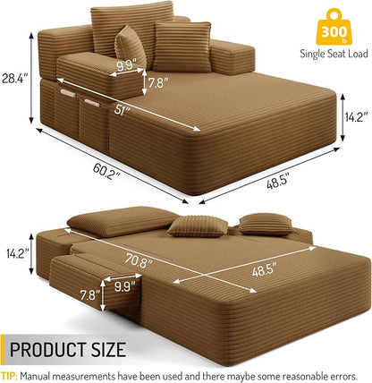 2-in-1 Convertible Chaise Lounge Indoor, 60.2" Corduroy Upholstered Chaise - Image 2