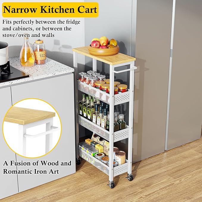 Utility Slim Storage Cart, 4 Tier Small Rolling Kitchen Laundry Room Cart - Image 4
