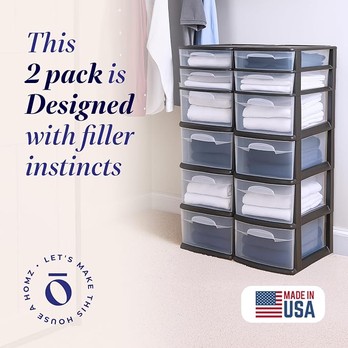 HOMZ 2-Pack Drawer Tower, 6-Tier Clear Plastic Storage Organizer Cart, and - Image 3