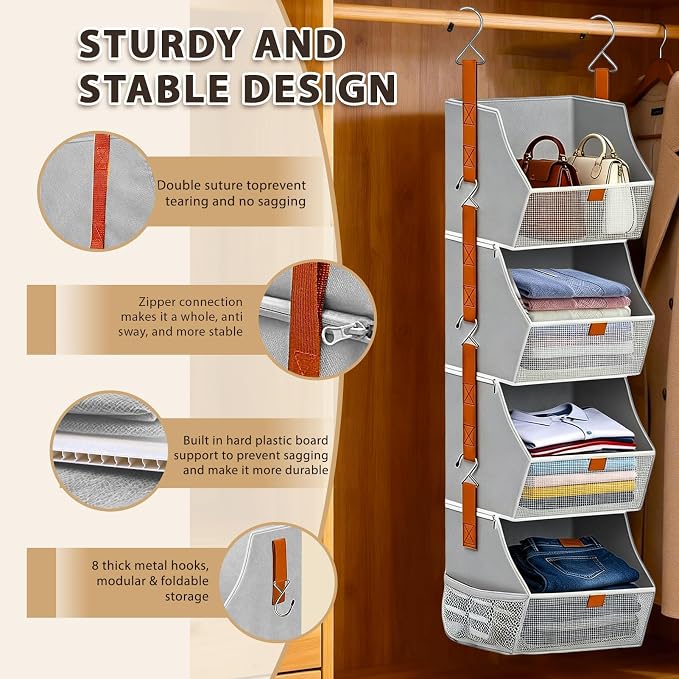 Fabric 4 Tier Hanging Closet Organizers Heavy Duty Shelf Hanging Storage Towel - Image 3