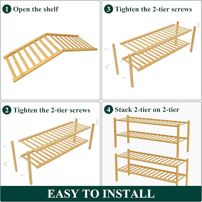 Smiry Bamboo Shoe Rack for Closet, 4 Tier Long Wooden Stackable Shoe Organizer - Image 6