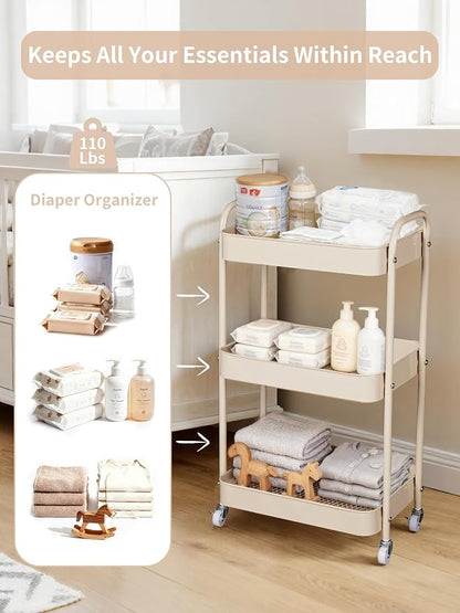 Fortella Baby Diaper Caddy, 3 Tier Rolling Storage Cart - Image 3