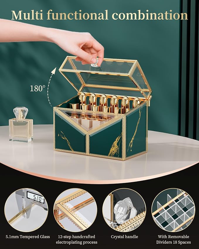 Glass Lipstick Organizer, 18-Slot Green Vanity Makeup Holder - Image 2