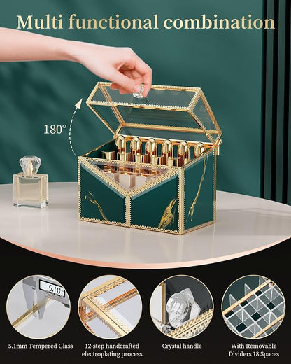 Glass Lipstick Organizer, 18-Slot Green Vanity Makeup Holder - Image 2