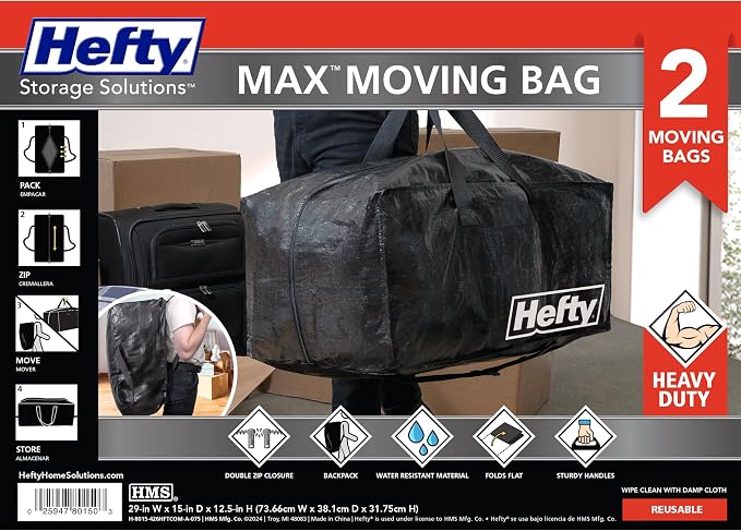 Hefty Moving Bag – Extra Large Double Zipper Backpack – Heavy Duty, Water - Image 2