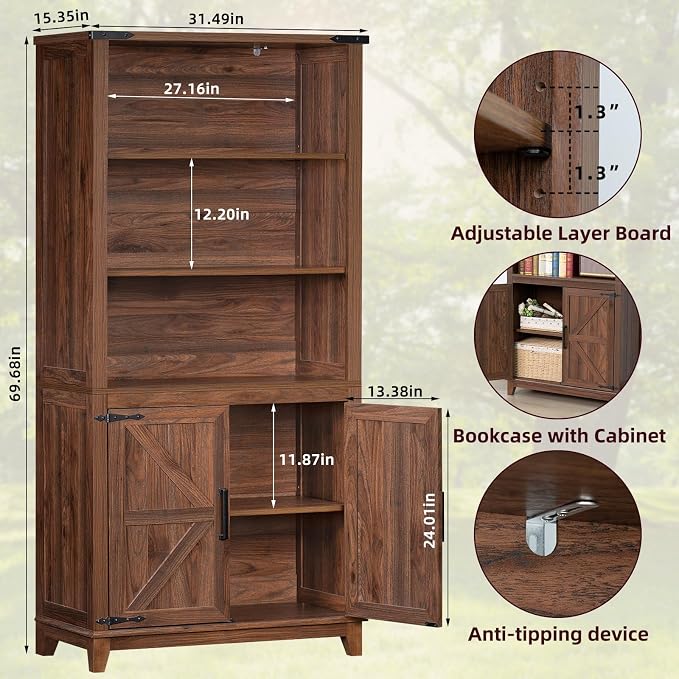 70in Tall Bookshelf 5 Tier Bookcase - Image 2