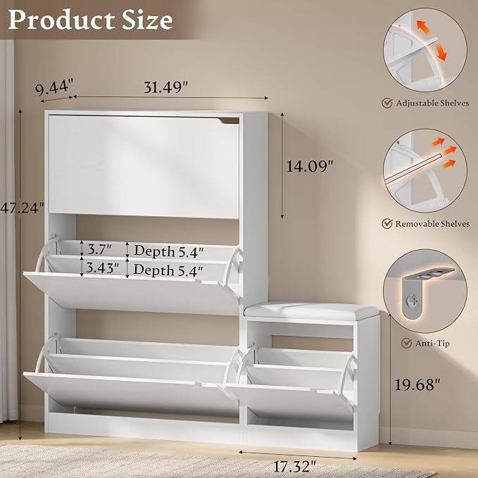BORNOON Shoe Cabinet with Bench and 3 Flip Drawers, Slim Narrow Shoe Storage - Image 2