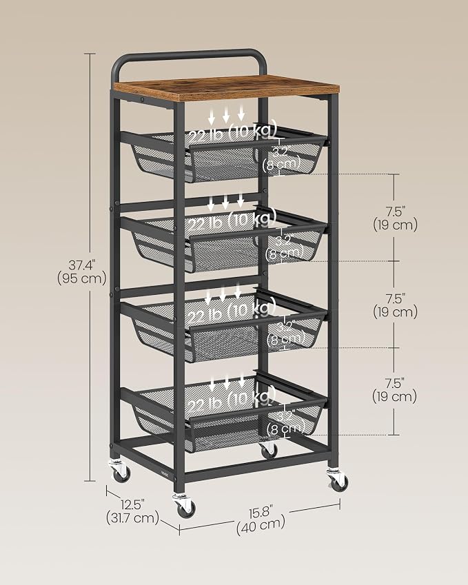 VASAGLE Storage Cart with Pull-Out Baskets, 5-Tier Kitchen Cart with Wheels - Image 5