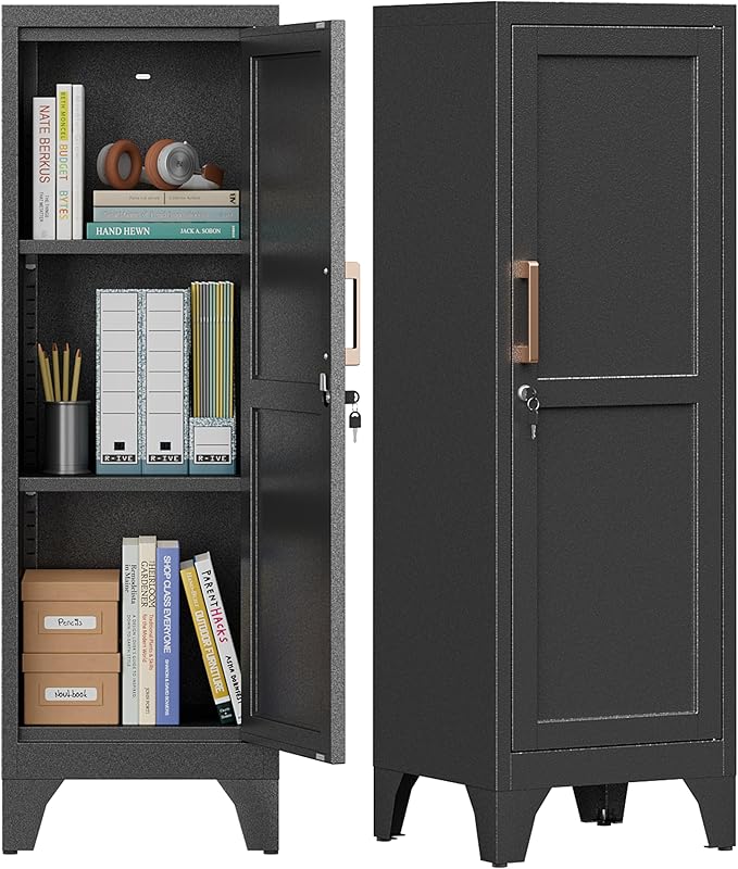 46"H Black Metal Locker with 1 Lockable Door and 2 Adjustable Shelves by Firstsky