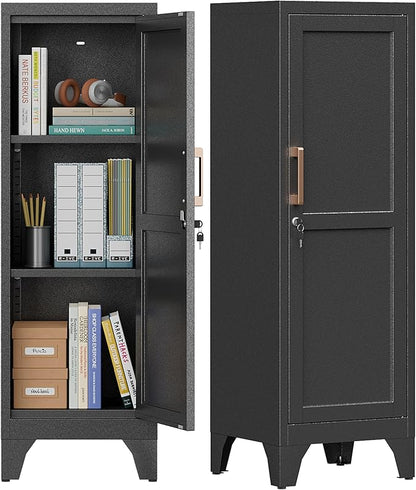 46"H Black Metal Locker with 1 Lockable Door and 2 Adjustable Shelves by Firstsky