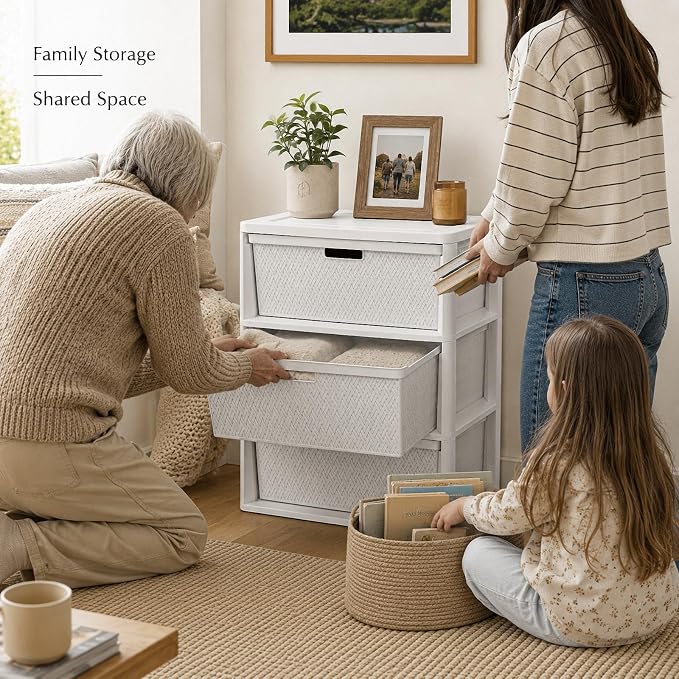 Wide 3-Drawer Decorative Organizer Chest, Ergonomic Pull Handles, Opaque Bins - Image 9