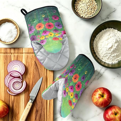 Heat Resistant Oven Mitts, Floral Flowers Spring Color Plants Kitchen Gloves - Image 6