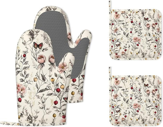 Retro Pink Floral Butterfly Heat-Resistant Silicone Oven Mitts and Pot Holders by Unknown