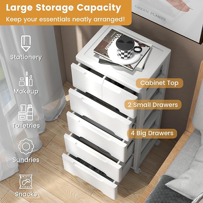 LOKO 6-Drawer Plastic Rolling Storage Cart | Mobile Storage Cabinet | Vertical - Image 6
