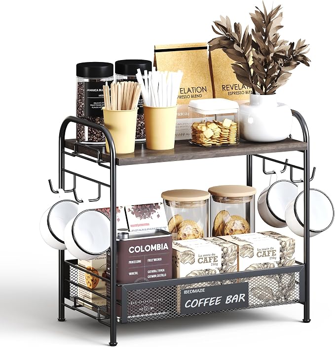 Coffee Bar Organizer for Countertop Station, Simple Assembly 2 Tier Shelf for by IBEDMAZIE