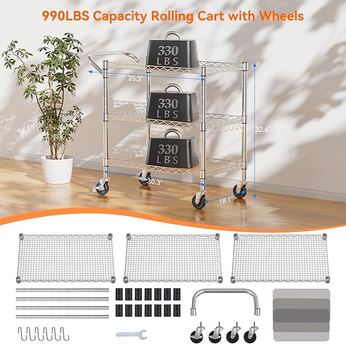NTE 3 Tier Heavy Duty Rolling Utility Cart on Wheels, 990Lbs Capacity Rolling - Image 3