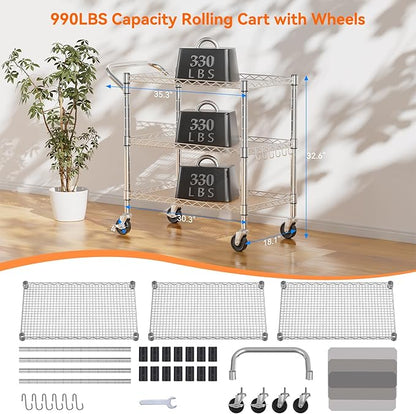NTE 3 Tier Heavy Duty Rolling Utility Cart on Wheels, 990Lbs Capacity Rolling - Image 3
