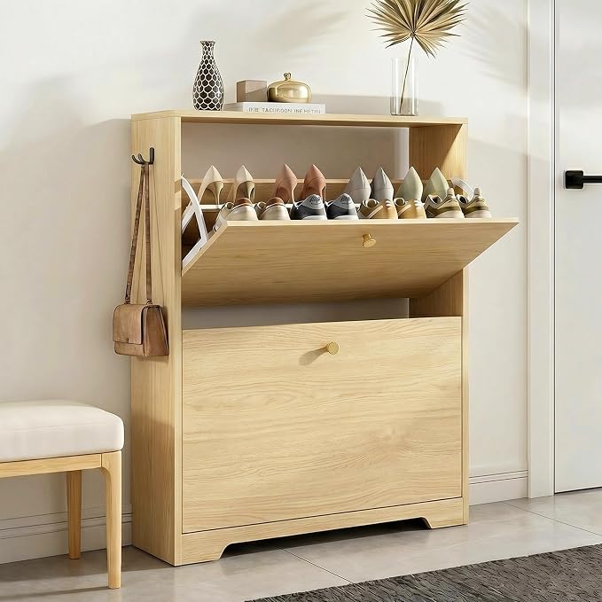 Nicetree Shoe Cabinet with 2 Flip Drawers, Narrow Shoe Organizer Cabinet by Nicetree