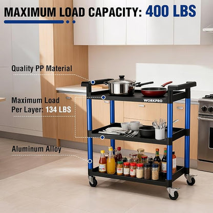 WORKPRO 3-Tier Service Utility Cart, 400LBS Plastic Rolling Cart - Image 3