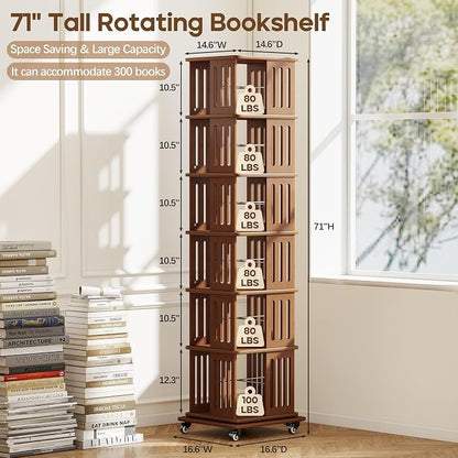 Baoz 71" Tall Rotating Bookshelf Tower, 6 Tier Spinning Bookcase, Walnut | 360° - Image 2