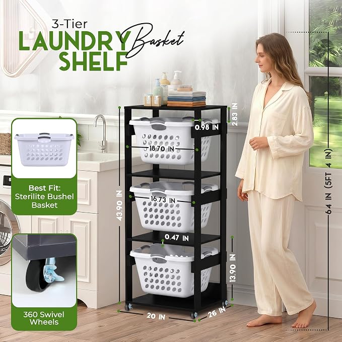 Laundry Basket Holder Shelf, Stackable Laundry Sorter, 3 Tier | Engineered Wood - Image 2
