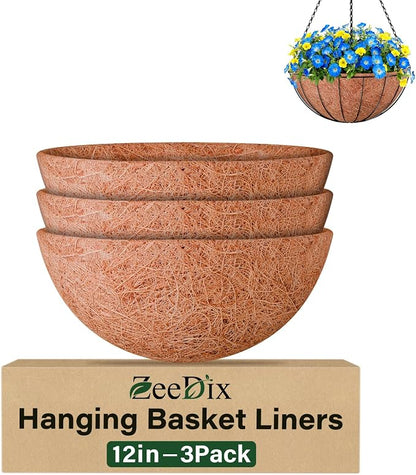 3 Pack 12 Inch Coconut Liners for Planters, Round Hanging Basket Liners 100% by ZeeDix