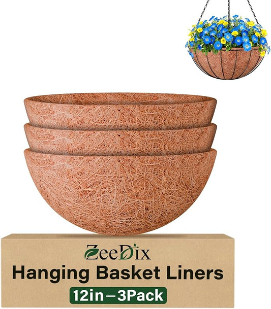 3 Pack 12 Inch Coconut Liners for Planters, Round Hanging Basket Liners 100% by ZeeDix