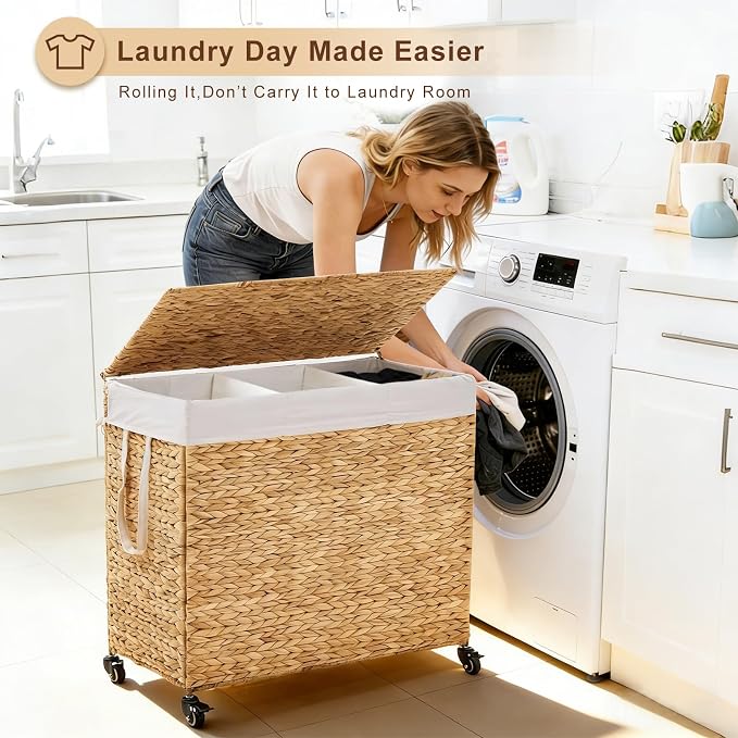 3-Section Laundry Hamper with Lid, Large Capacity Woven Natural Water Hyacinth - Image 9
