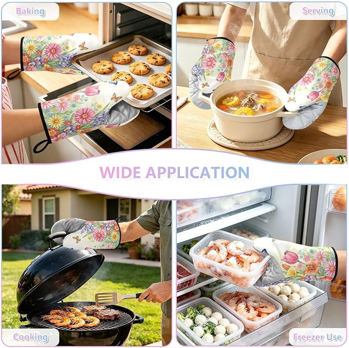 Heat Resistant Oven Mitts, Spring Flowers Floral Butterflies Kitchen Gloves - Image 7